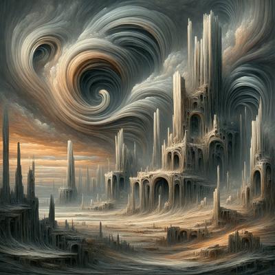 The primary subject of the image is a futuristic cityscape with a large, intricate building in the foreground. The setting is a cloudy sky, which adds to the overall atmosphere of the scene. The visual style of the image is a combination of digital art and illustration, creating a unique and captivating representation of the city. The colors in the image are predominantly dark and moody, with the large building and the cloudy sky contributing to the overall mood of the scene.